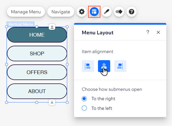 The layout panel of a horizontal menu. The cursor is hovering over the center alignment option.