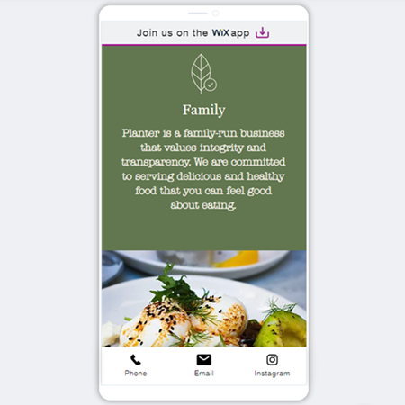 メール、電話、Instagram のアクションが表示されている、Wix モバイルサイトのモバイルアクションバーのプレビュー。