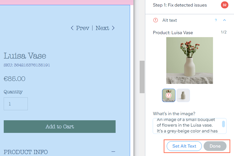 The alt text field for a Stores product image has been filled. The Set Alt Text and Done buttons are highlighted..