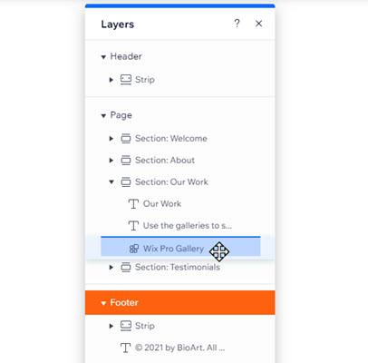 A site's Layers panel. A pro gallery is being dragged into another position.