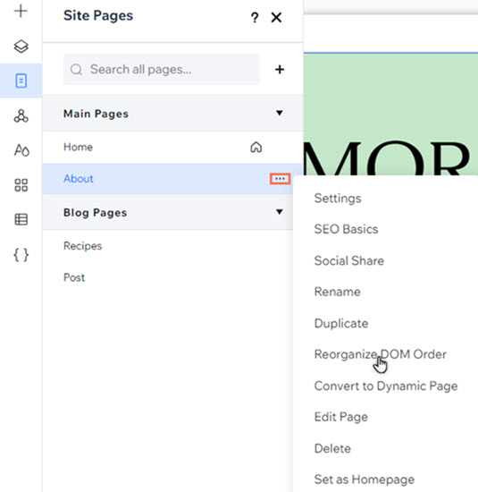 El panel Páginas de un sitio. El cursor hace clic en la opción para reorganizar el orden DOM de una página.