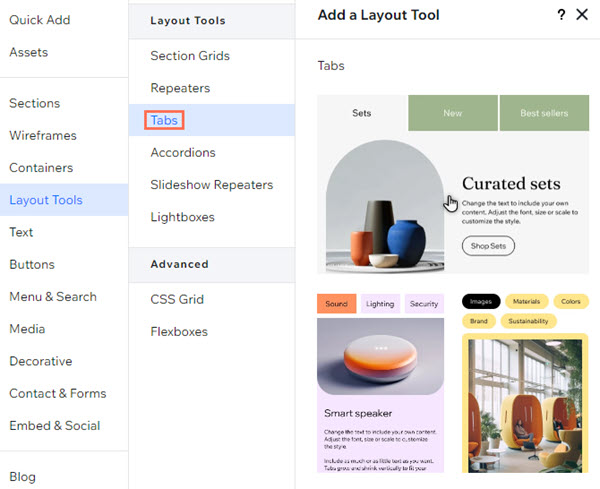 Uma captura de tela do painel Elementos. As abas foram selecionadas nas ferramentas de layout e o cursor está passando sobre um design.