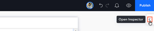 Uma captura de tela mostrando onde encontrar o painel Inspetor no Editor do Wix Studio. O cursor está passando sobre o ícone para abri-lo.