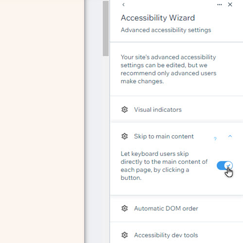 The advanced settings in the accessibility wizard. The cursor has enabled to skip to main content toggle.