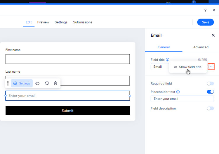 The forms center. A field has been selected, and the cursor is clicking 'Show field title'.