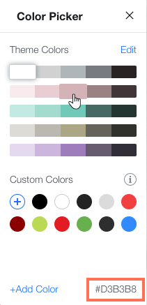 The color picker in the Wix Editor. The cursor is hovering over a color and the code is highlighted on the panel.