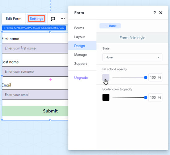 The form field design panel is open. The hover state has been selected, and the cursor is clicking the color box.