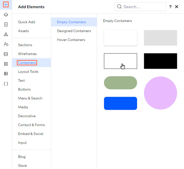 El panel Agregar elementos en el Editor de Wix Studio. El cursor pasa sobre un contenedor vacío.