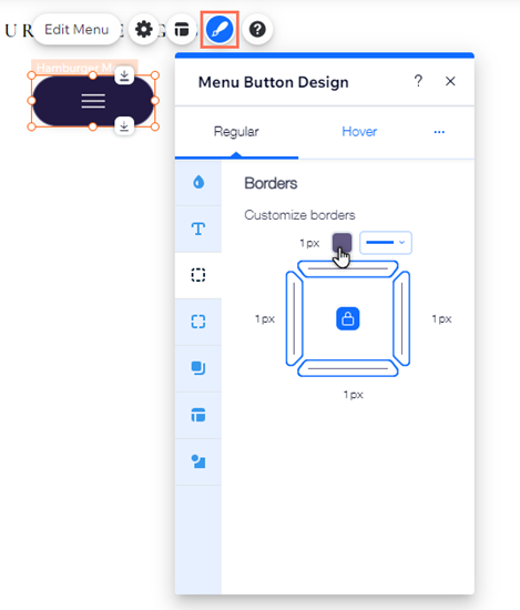 The menu button design panel. The cursor is changing the color of the border fill.