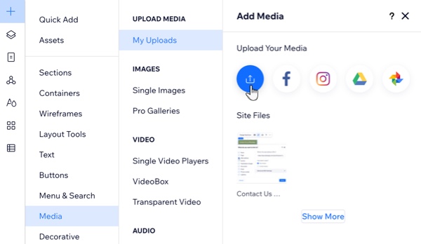 The Media panel in the Studio Editor. The cursor is clicking the Upload Media icon.