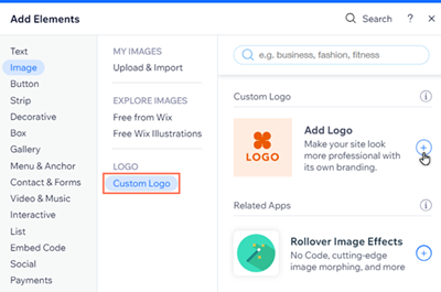 The Add Elements panel in the Editor. The Add Logo image option has been selected, and the cursor is clicking to add a logo.