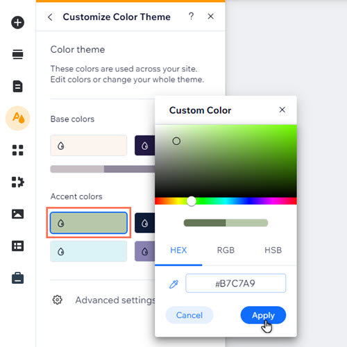 The Customize Color theme panel in site design. A new accent color is being applied.