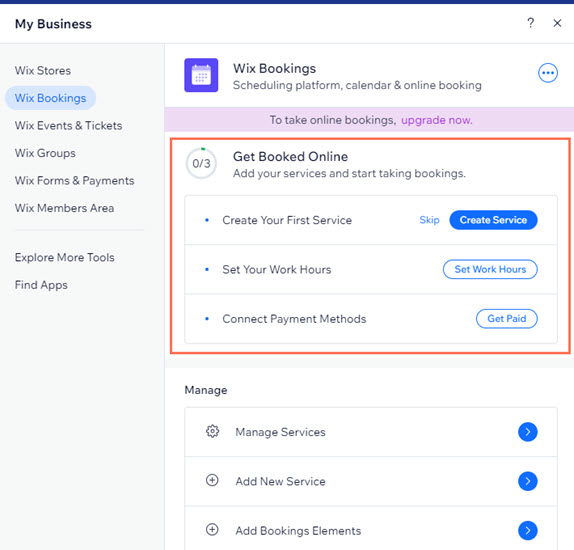 Wix Bookings è stata selezionata ed è aperta nel pannello. Le opzioni di configurazione sono evidenziate