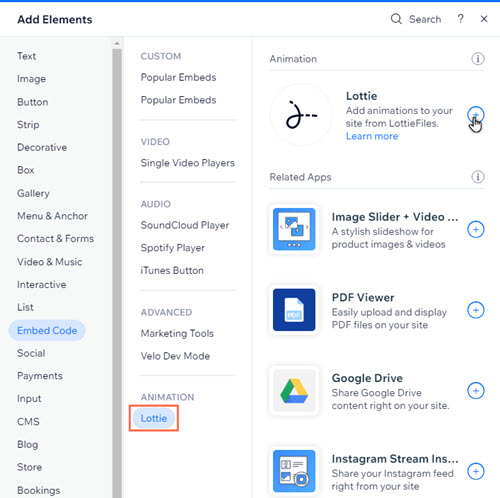 The Add Elements panel in the Editor. The cursor is hovering over the option to add Lottie to the site.