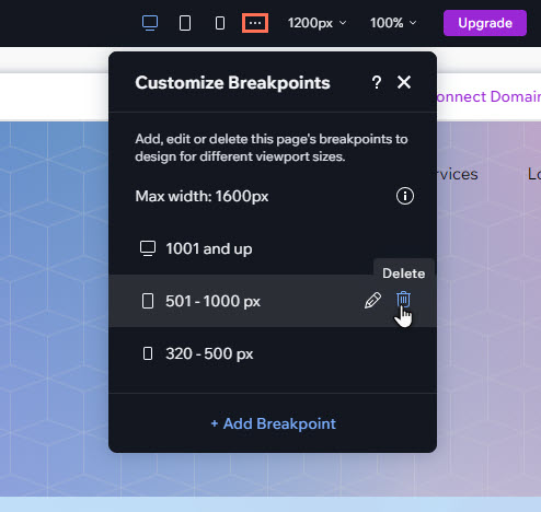 A cropped screenshot of the customize breakpoints panel opened in the top bar. The cursor is clicking the Delete icon.