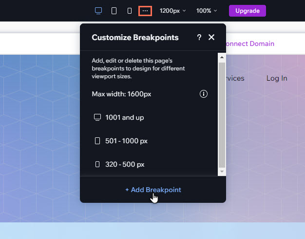 A cropped screenshot of the customize breakpoints panel opened in the top bar. The cursor is clicking Add Breakpoint.