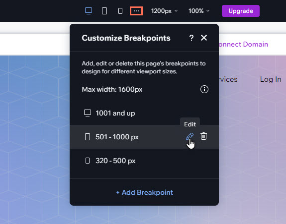 A cropped screenshot of the customize breakpoints panel opened in the top bar. The cursor is clicking the Edit icon.