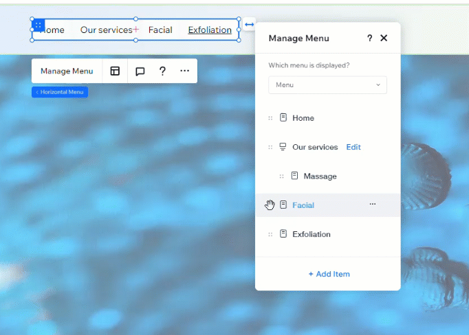 A GIF showing items being dragged and dropped under a mega menu from the manage menu panel - creating a dropdown menu.