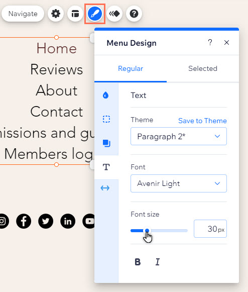 The design panel of a hamburger menu. The text tab is open. The cursor is dragging the font size slider.