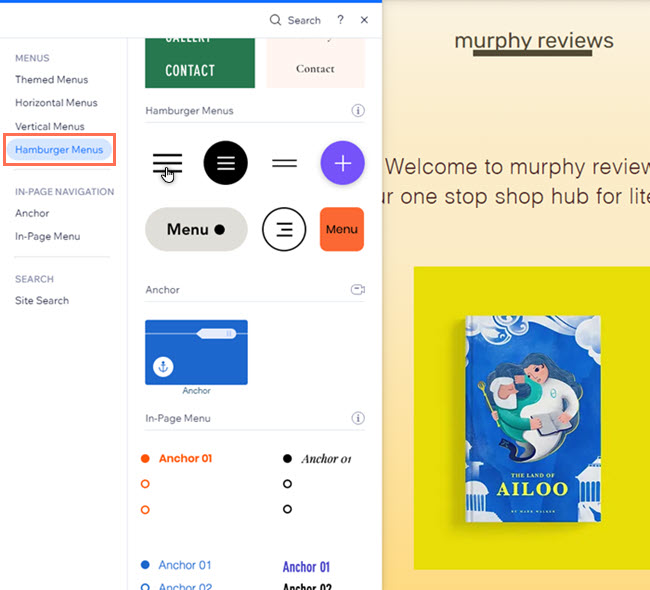 The add elements panel. Hamburger menus in the menu and anchor tab are open, and the cursor is clicking a menu icon.