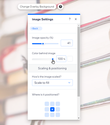 The image settings for an overlay background. The cursor is changing the opacity of the color behind the image.