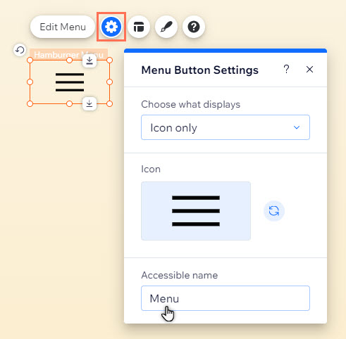 O painel de configurações do botão do menu hambúrguer. O cursor está passando sobre o campo do nome acessível.