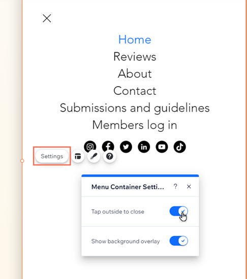 The settings of a hamburger menu container. The cursor is clicking the tap outside the close toggle.