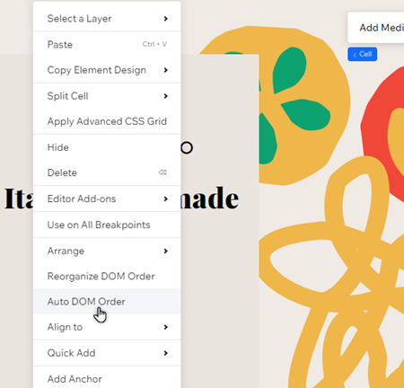 The right-click menu of a section grid cell in the Studio Editor. The cursor has clicked Auto DOM order, disabling it.