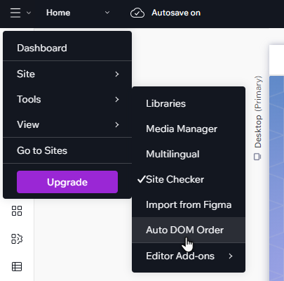 The tools subsection in the Studio Editor. The cursor has clicked Auto DOM order, disabling it.