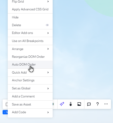 The right-click menu of a section in the Studio Editor. The cursor has clicked Auto DOM order, disabling it.