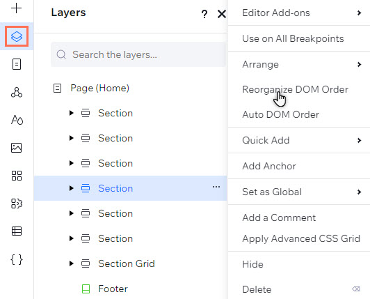 A site's Layers panel. The cursor is clicking the option to reorganize the DOM order of a section.