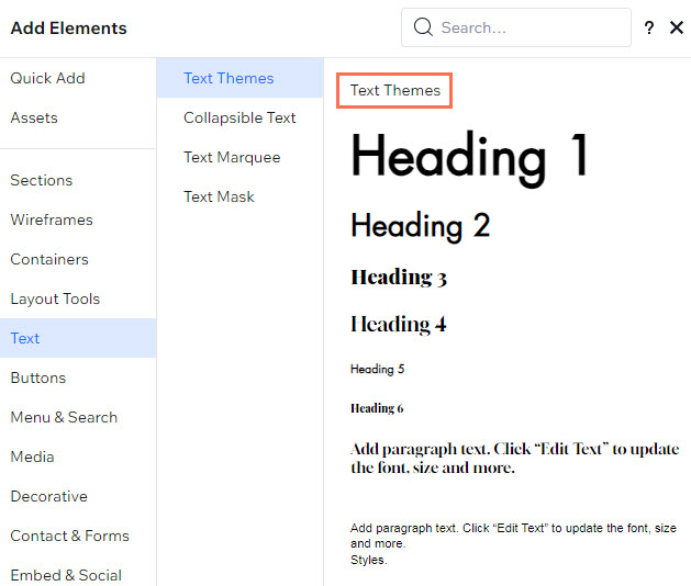 A screenshot of the text themes available in the Add Elements panel. The Theme text subheading is highlighted.