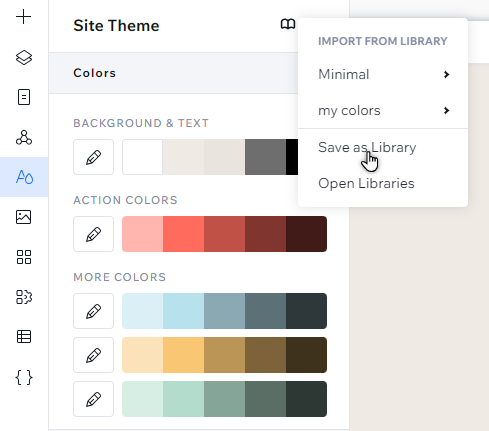 הקלקה על סמל הספרייה מהחלונית Site Theme. סמן העכבר מקליק על Save as Library (שמירה כספרייה).
