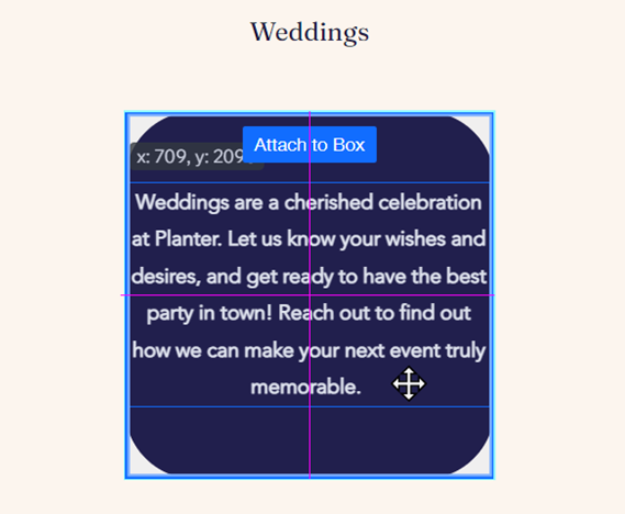 A screenshot of a box in the Editor. The cursor has dragged text over it. It says 'Attach to Box'.