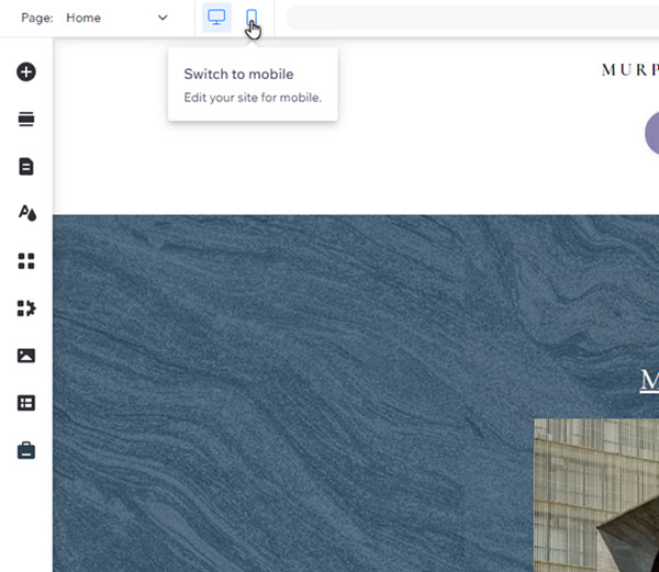 A  cropped screenshot showing a cursor click the Switch to mobile icon in the Wix Editor.