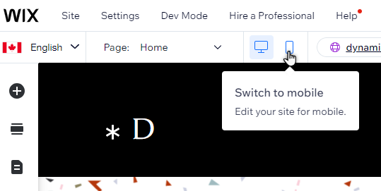 A cropped screenshot of the Wix Editor, showing the cursor clicking Switch to mobile.