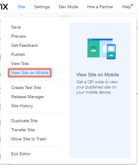 The Site dropdown in the desktop editor. View site on mobile is highlighted.