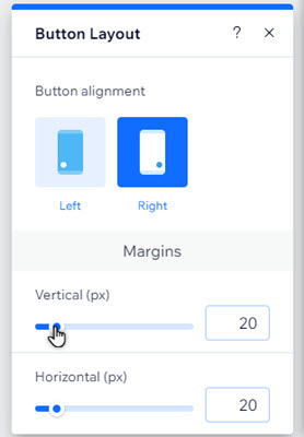 The button layout panel. The cursor is dragging the slider to adjust the vertical margins around the button.