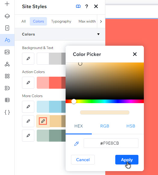 A color in a range is being changed. A new shade has been selected, and the cursor is clicking the Apply button.