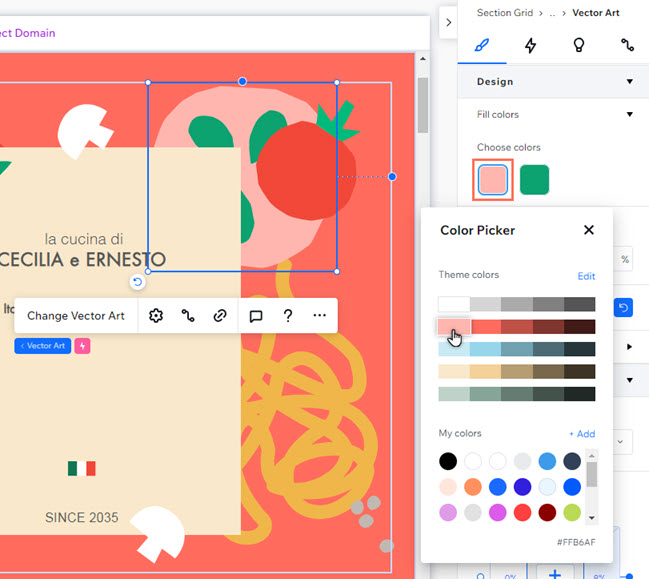 The inspector is open for a vector element. One of the color boxes is open, and a theme color has been applied.