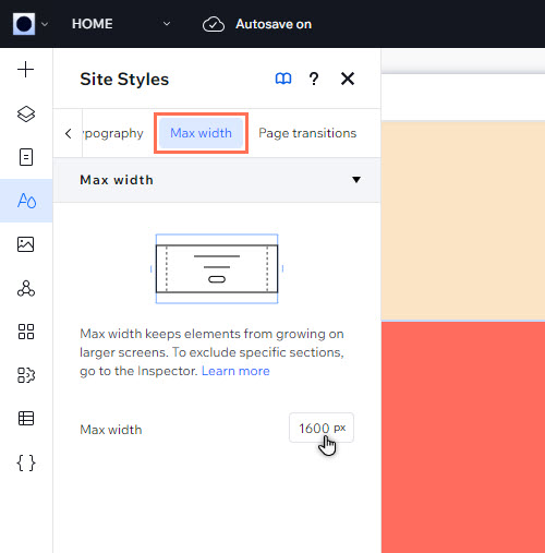 The max width tab is open in the site styles panel.