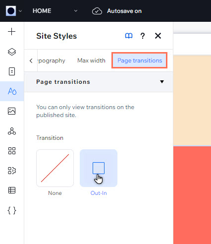 A screenshot of the Site Styles panel with the Page Transitions section open, selecting the Out-In transition