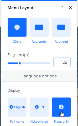 The menu layout panel of a language menu in Wix Editor. The cursor is clicking the Flags only option.