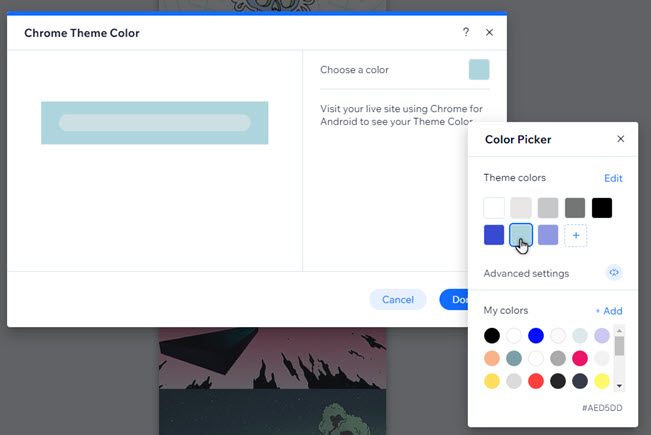 The chrome theme color panel. The picker is open, and the cursor is selecting a color.