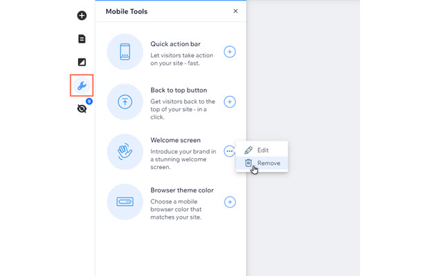 The mobile tools panel in the mobile editor. The cursor is clicking Remove on the Welcome screen.