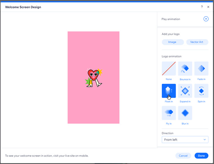 The design panel of a welcome screen. The cursor is clicking the Float in animation for the logo.