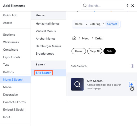 Add Elements in the Studio Editor. Site Search is highlighted, and the cursor is clicking the icon to add it.