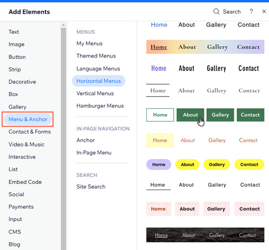 Add Elements in the Wix Editor. Menu & Anchor is highlighted, and the cursor is clicking a horizontal menu.