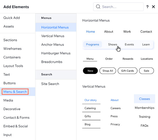 Add Elements in the Studio Editor. Menu & Search is highlighted, and the cursor is clicking a horizontal menu.