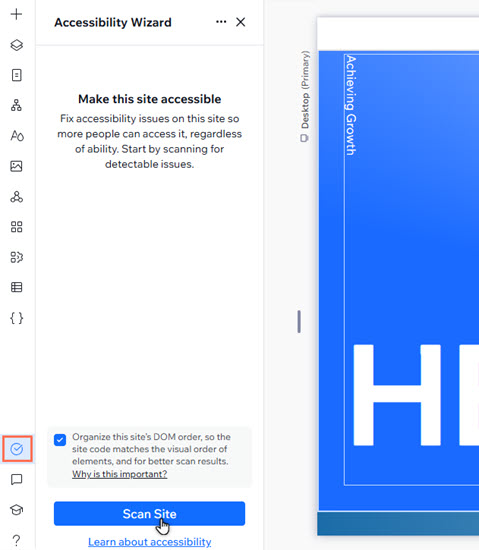El asistente se ha abierto en el editor. El cursor hace clic en el botón Escanear sitio.